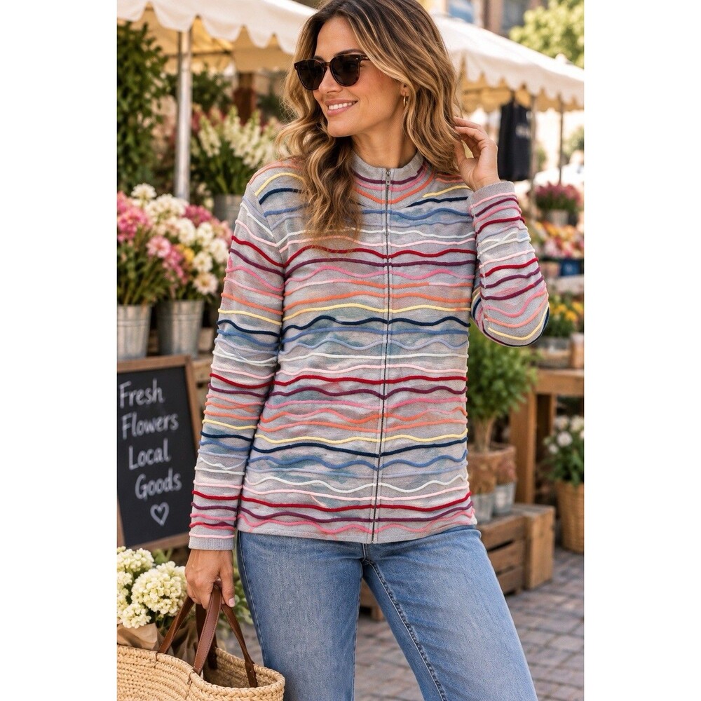 Coldwater Creek Women’s XL Artsy Full Zip Sweater Colorful Wavy Stripe Gray